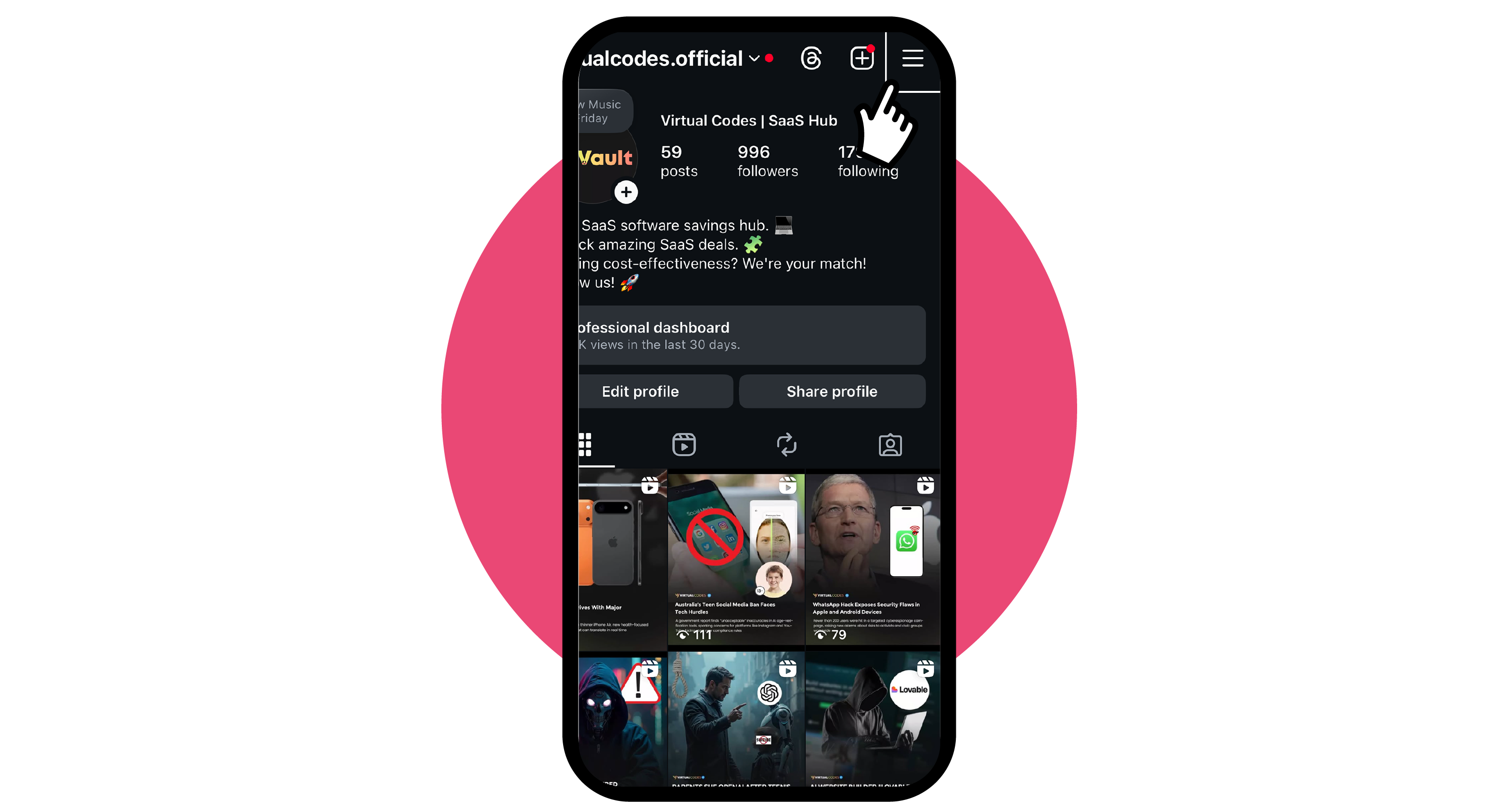 Instagram Profile with Menu Highlighted 