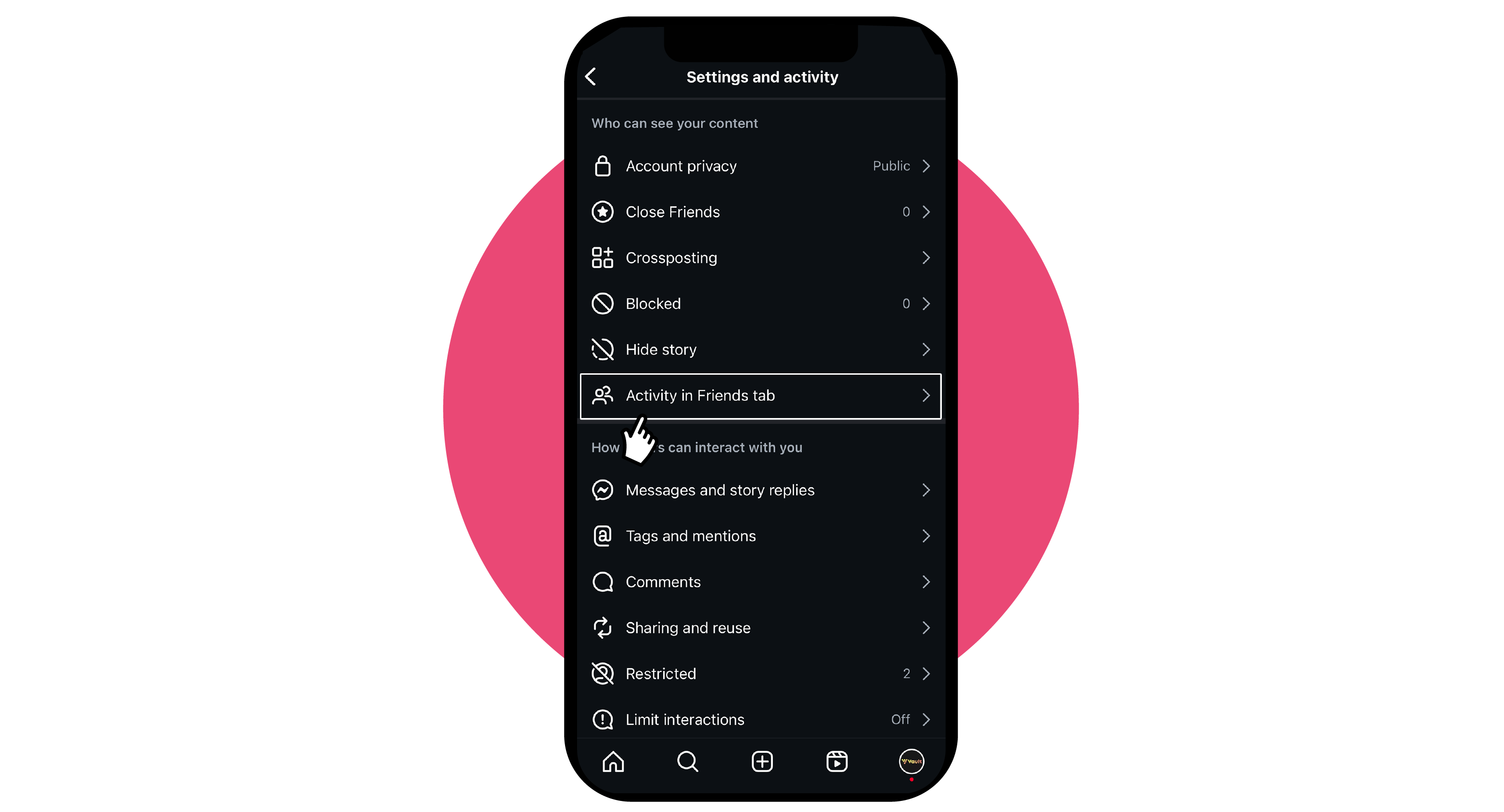 Who can see your content section with Activity in Friends Tab highlighted 
